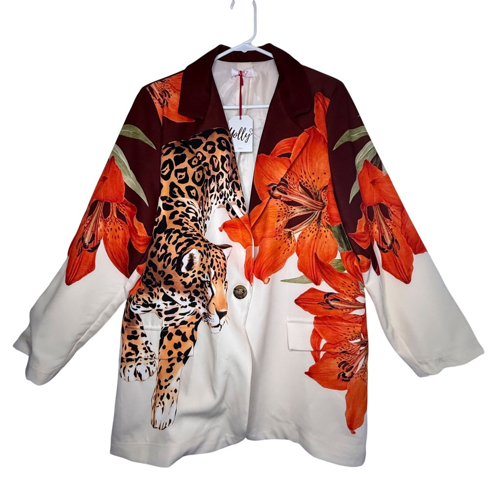 Yolly Italy Leopard Floral Blazer Jacket Orange Lily Art to Wear NWT